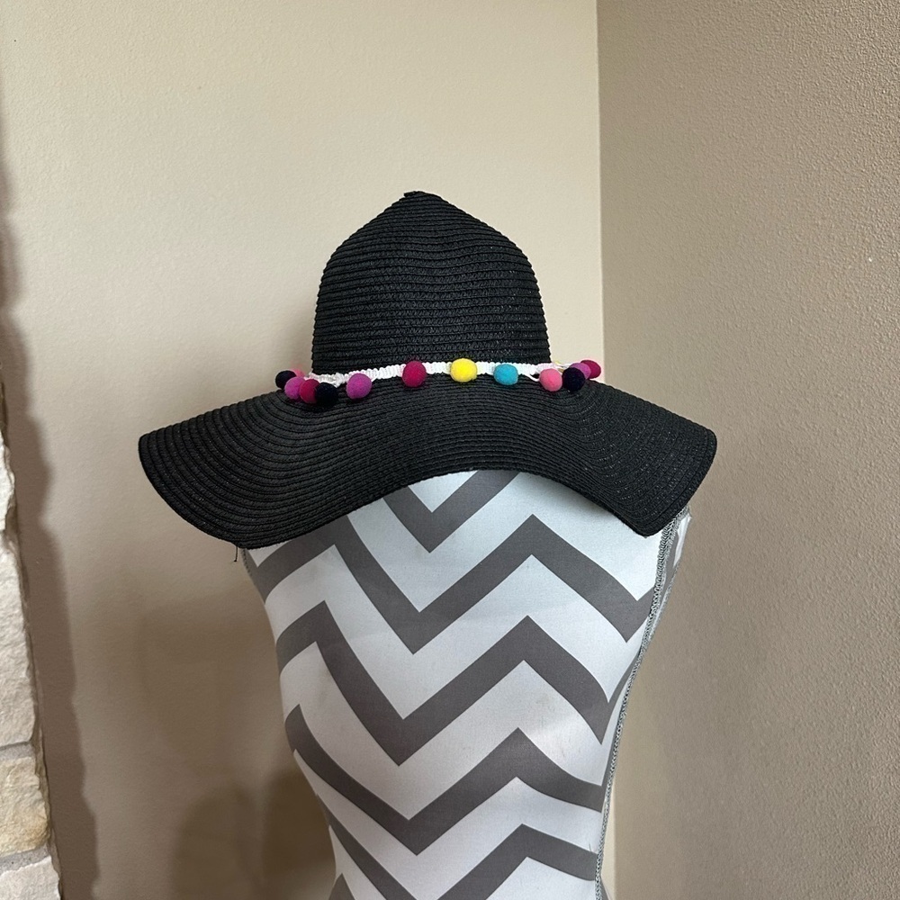 Women’s black Sun Hat with Multi-colored Pom poms, NWOT!